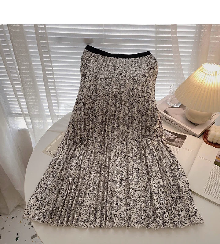 Hong Kong style retro printed leaf A-shaped medium length skirt  5739 midi skirt versatile