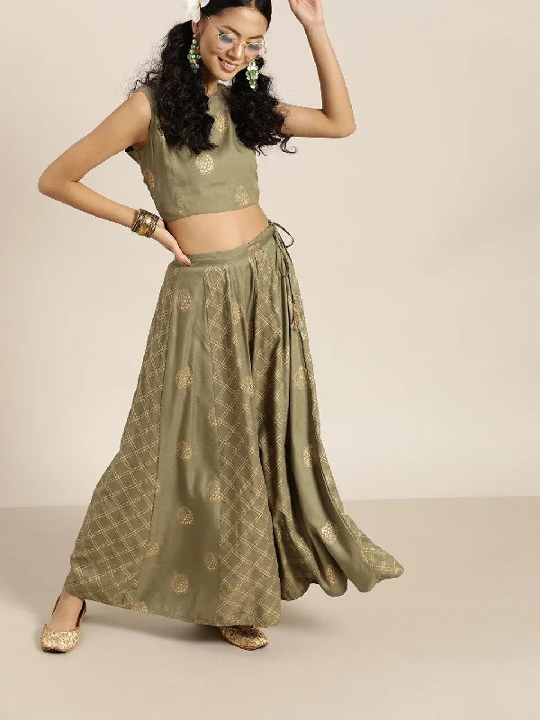 Women's Olive Sleevelesss Crop Top With Anarkali Skirt - SHAE lace skirt romantic