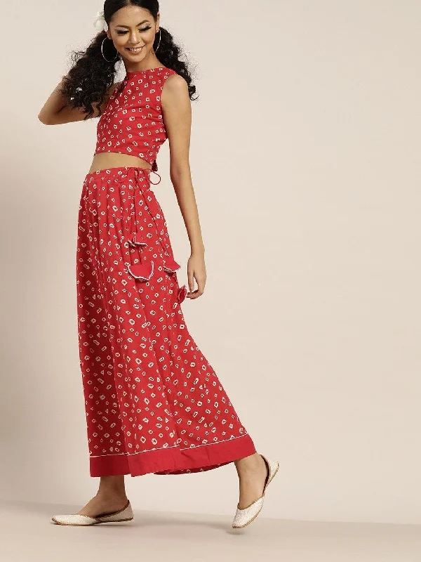 Women's Red Bandhej Sleeveless Crop Top With Anarkali Skirt - SHAE leather skirt modern