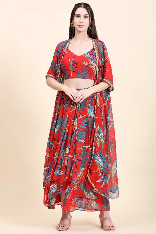 Women's Red base Leaf print Georgette Blouse, Cape, Dhoti drape Skirt set - MIRACOLOS by Ruchi low waist skirt