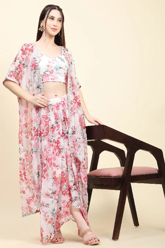 Women's White base Pink Floral print Chiffon Blouse, Cape, Dhoti drape Skirt set - MIRACOLOS by Ruchi chiffon skirt airy