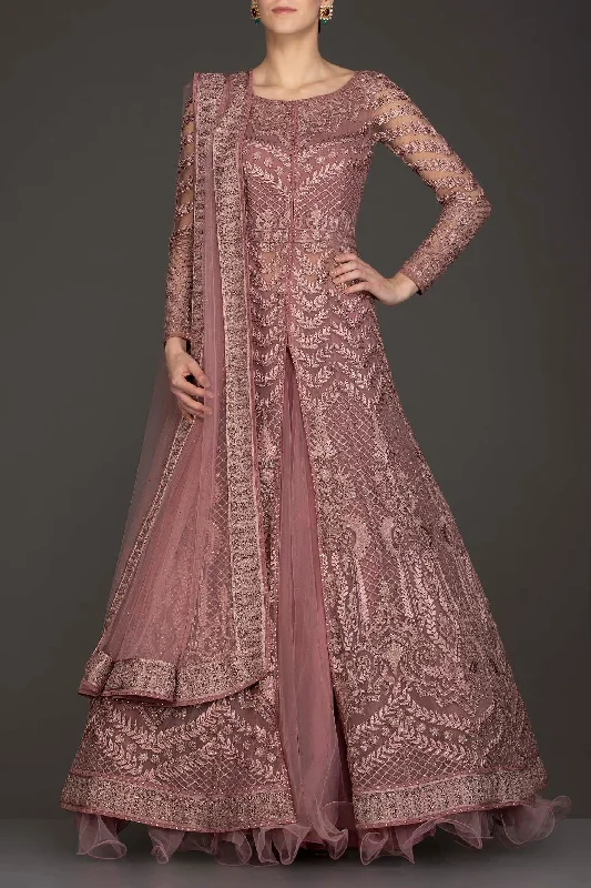 Mauve Colour Jacket Gown With Net Skirt And Net Dupatta Nylon Jacket Polyester Jacket Spandex Jacket