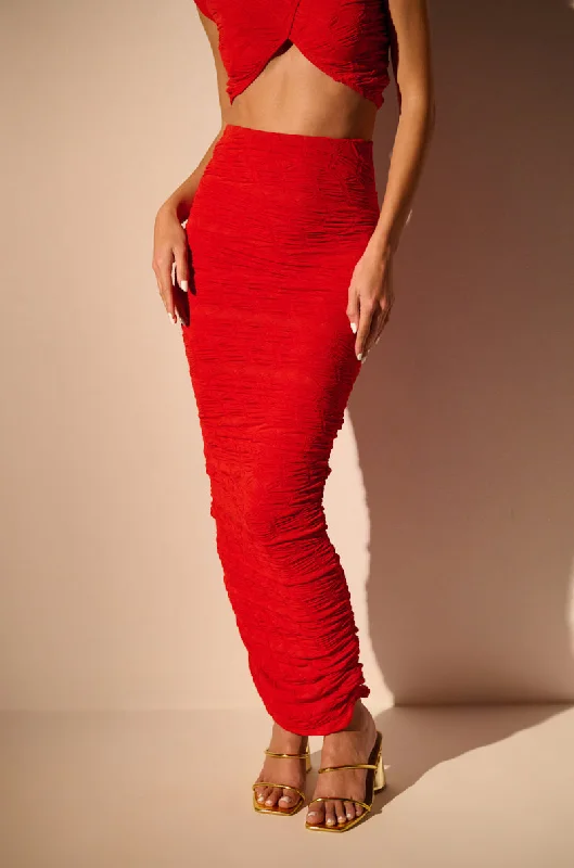 MAYBE NEXT TIME RUCHED MAXI SKIRT IN RED cashmere skirt fine