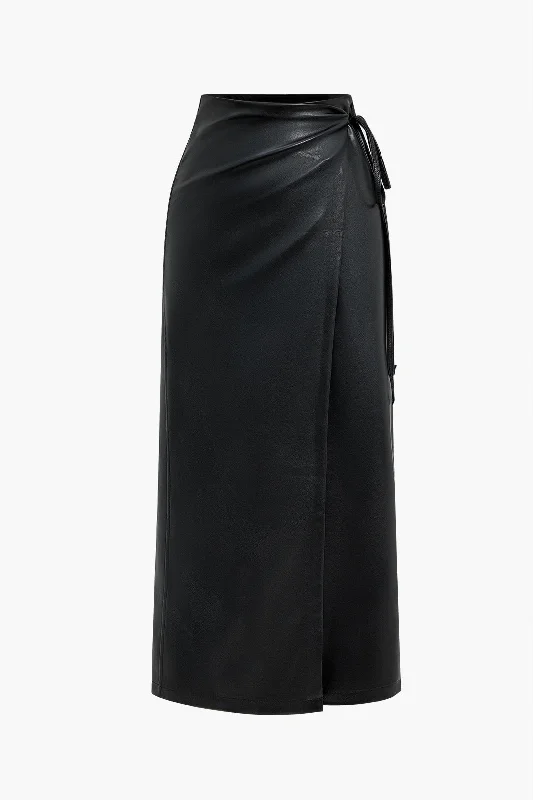 Faux Leather Asymmetrical High Waist Tie-Up Skirt lace skirt feminine