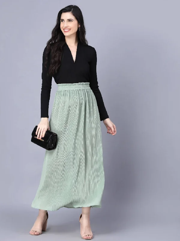 Myshka Chiffon Solid Green Women Skirt satin skirt smooth