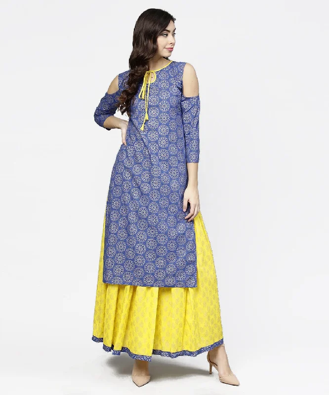 NOZ2TOZ Blue Printed 3/4Th Cold Shoulder Sleeve Kurta With Yellow Flared Skirt mini skirt trendy