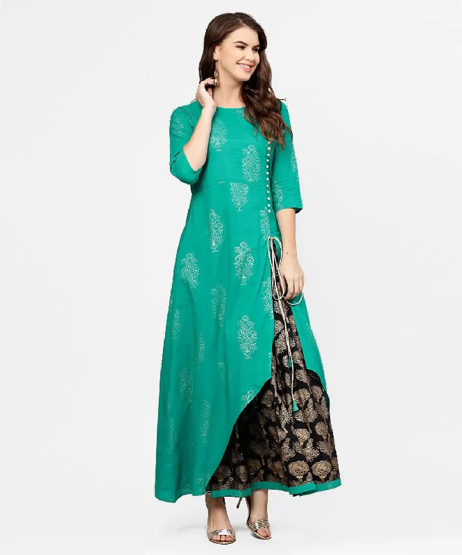 NOZ2TOZ Green 3/4Th Sleeve Cotton Asymmetric Kurta With Black Printed Skirt corduroy skirt cozy