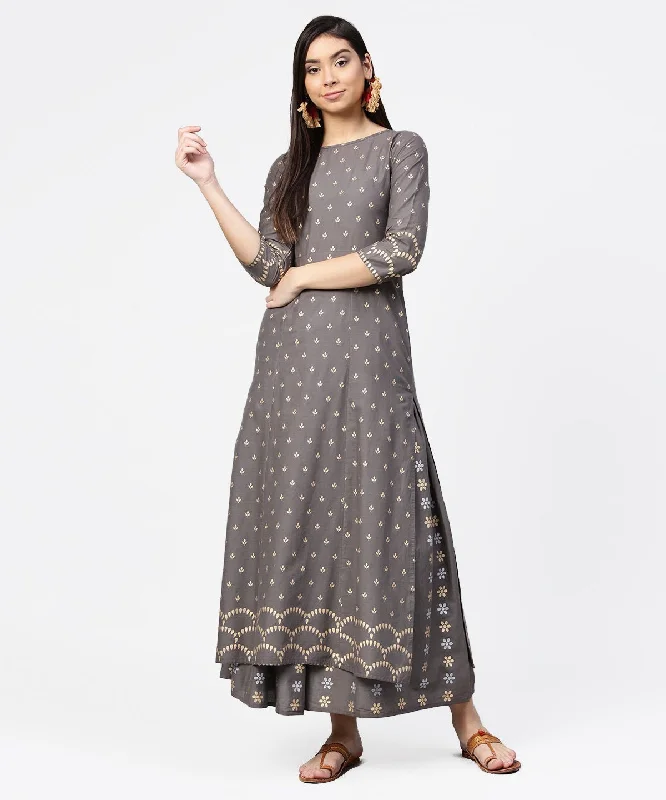 NOZ2TOZ Grey Printed Half Sleeve Cotton Ankle Length Kurta With Flared Ankle Length Skirt linen skirt light