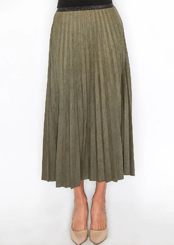 Olive Pleated Suede Midi Skirt tiered skirt playful