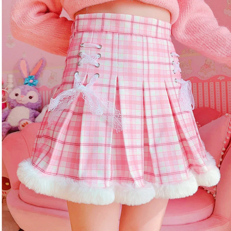 Pink and white plaid pleated skirt YV43619 satin skirt smooth