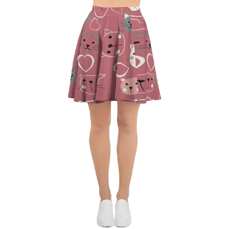 Pink Cat Face Print Women's Skirt linen skirt airy