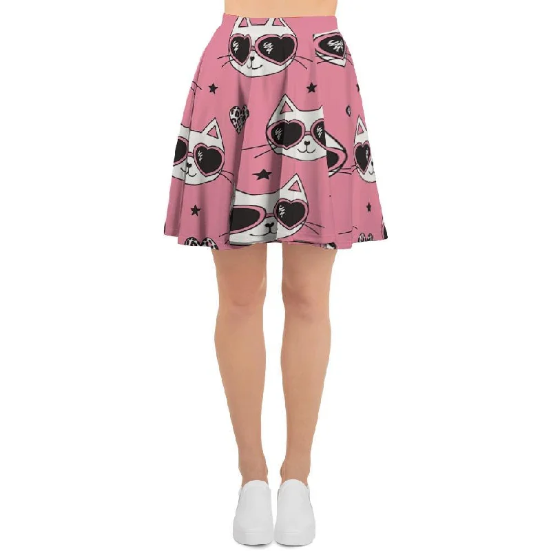 Pink Cat Print Women's Skirt satin skirt smooth