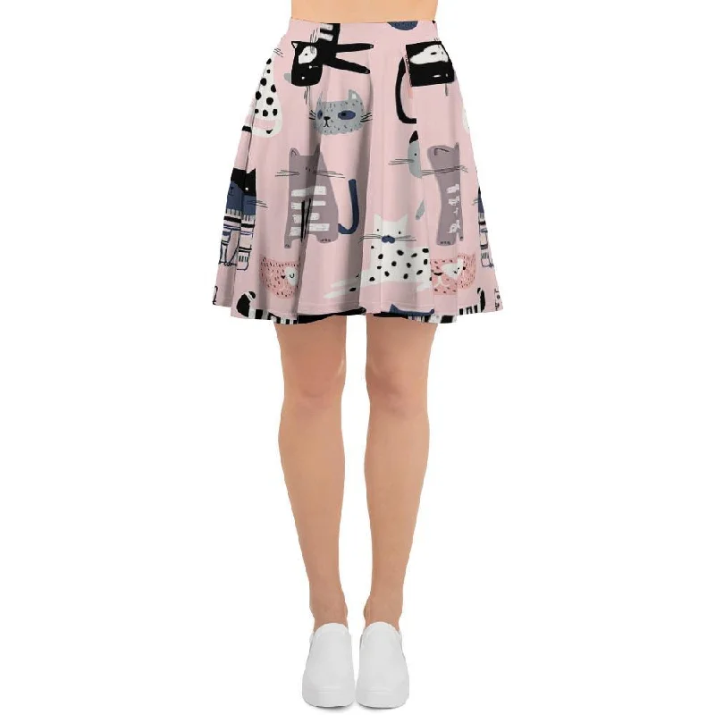 Pink Cute Cat Print Women's Skirt tiered skirt playful