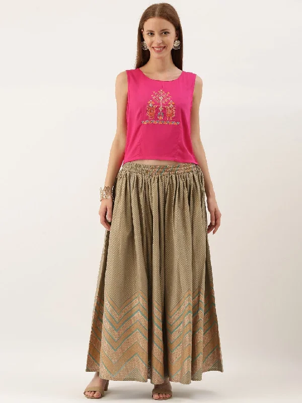 Women's Pink & Golden Embroidered Top with Skirt - Varanga chiffon skirt floaty