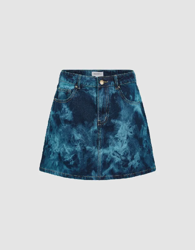 Printed Mini A-Line Denim Skirt belted skirt waist